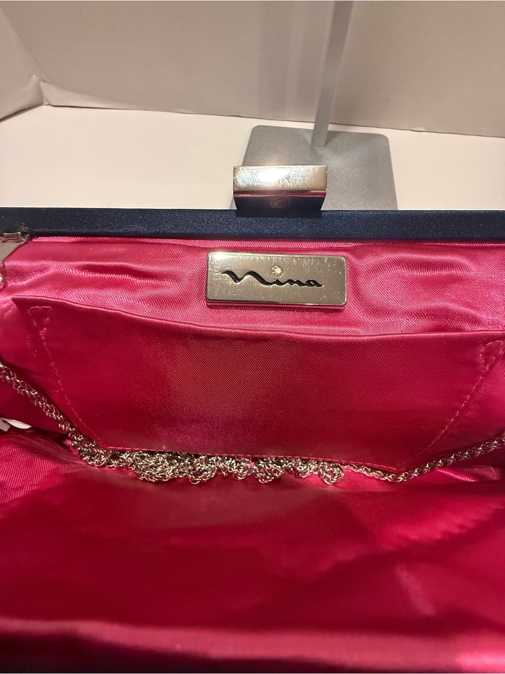 Nina Satin Evening Clutch in Navy with Hot Pink Lining with Silver Chain - Picture 9 of 11